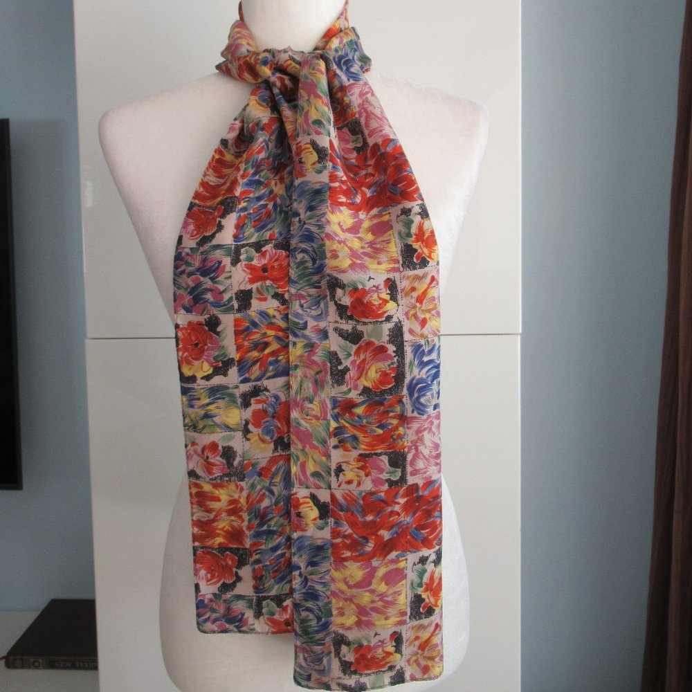 100% Silk Floral Rectangular Scarf 10" x 61" Multicolor Excellent